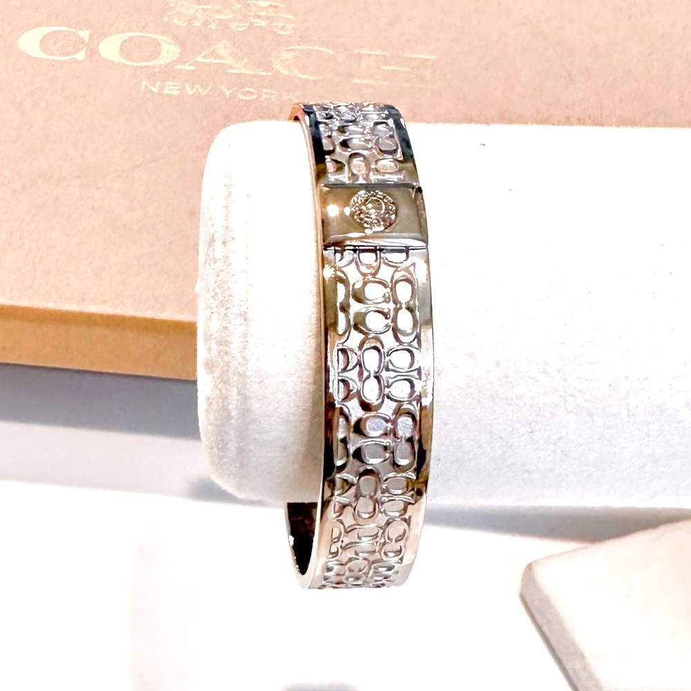 COACH Silver Signature Engraved Logo Bangle NWOT - Picture 5 of 12